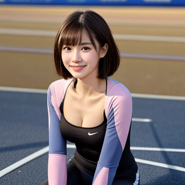 NSFW, (kawaii 24 year-old Japanese girl, Nogizaka idol, Korean idol), healthy female athlete body, (glossy brown hair, very short hair, pixie cut, bangs:1.3), (rounded face, beautiful black eyes, single eyelid, no makeup:1.2), (seductive smile, looking at camera), (wearing track jacket and sports leggins:1.3), (well shaped extra small breasts), narrow shoulders, BREAK, (track and field stadium background, summer daytime:1.3), (dynamic angle, bust shot:1.3), BREAK, (masterpiece, best quality, photo realistic, official art:1.4), (UHD, 8K quality wallpaper, high resolution, raw photo, golden ratio:1.3), (shiny skin), professional lighting, physically based rendering, award winning, (highly detailed skin, extremely detailed face and eyes, anatomically correct body parts), Carl Zeiss 85 mm F/1.4, depth of field, 1girl, solo,