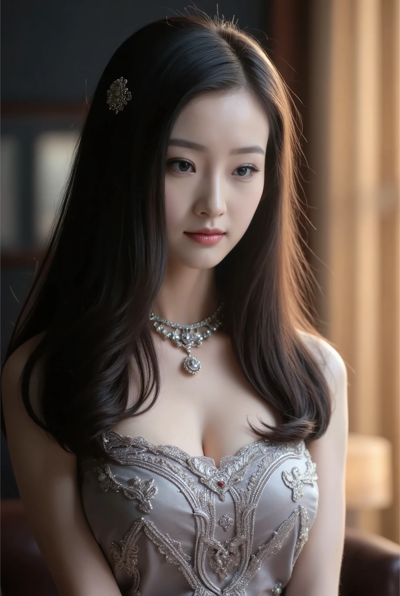 A beautiful girl wearing a qipao dress, headdress, and jewelry, detailed face and upper body, tyndall effect, realistic, dark studio shot, rim lighting, dual color lighting, (detailed skin: 1.2), 8k uhd, DSLR, soft lighting, high quality, volumetric lighting, photorealistic, photography, high resolution, 4k, 8k, bokeh