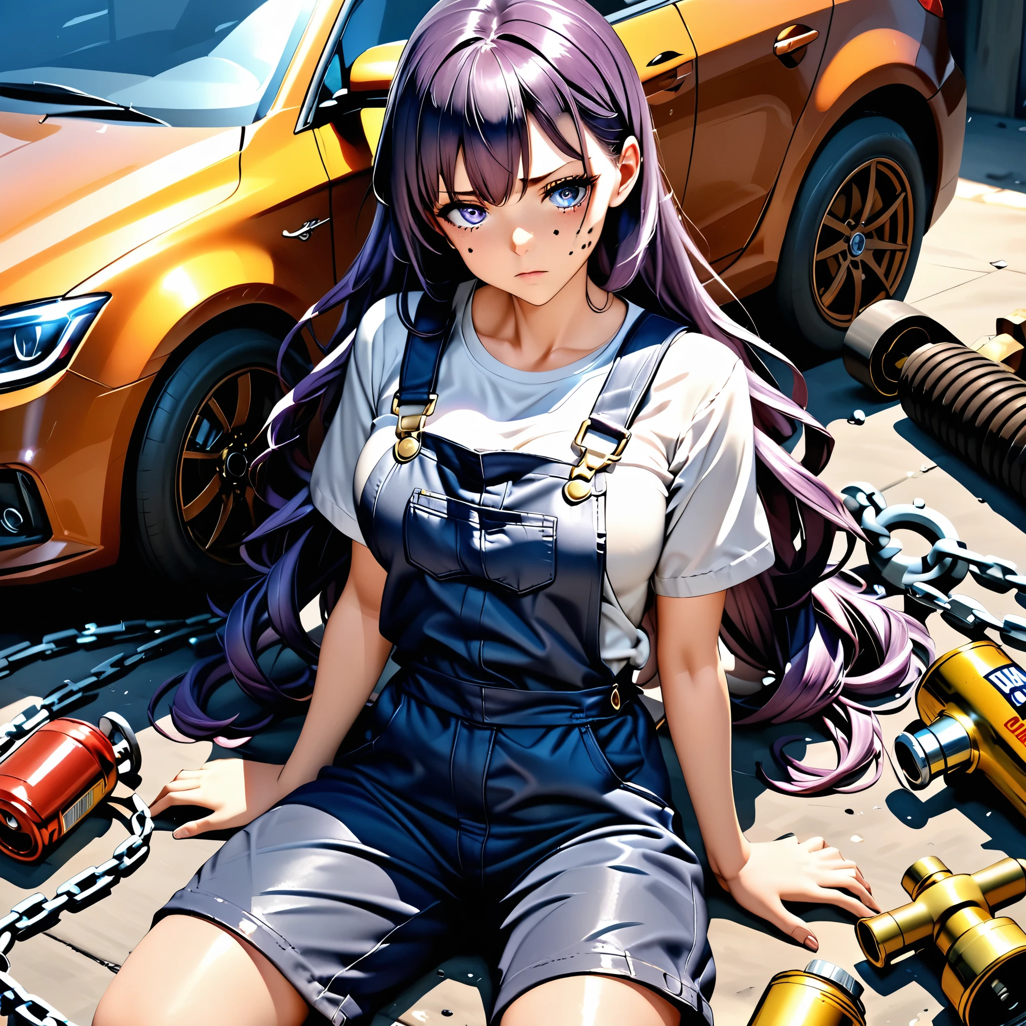 Masterpiece, 4k, HDR, full HD, (best quality), (ultra detailed), (only), (extremely delicate and beautiful fabric), super complex ANIME TYPE, best quality, 1girl, very expressive eyes, deep purple hair , hyper beautiful face, purple hair, perfect anatomy, shiny and oily skin, full body, alone (shiny purple hair, long hair), looking at viewer, bright blue eyes, perfect hands, perfect legs, She has a serious face of concentration, she wears the classic mechanic's outfit, she is wearing a black mechanic's overalls, she has motor oil stains on her face, she is trying to repair the engine of a car that is hanging from a very chain thick, many mechanic's tools and also engine parts are scattered on the floor, it is partially leaning over the engine,