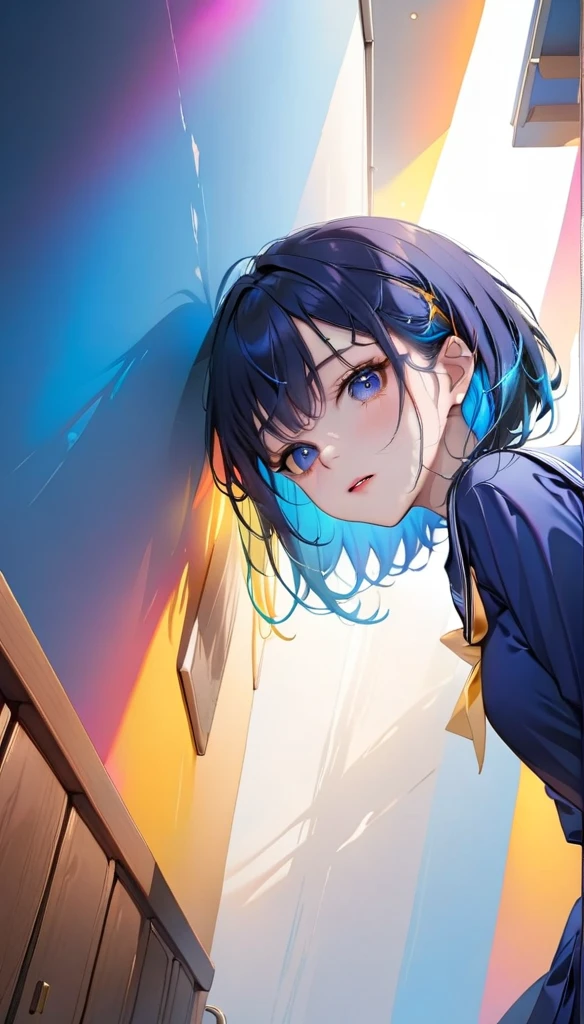 ((Dramatic angle)),japanese highschool girl, Navy blue sailor suit ,look behind,blue bob hair,masterpiece, highest quality,colorful light ,pale paint color