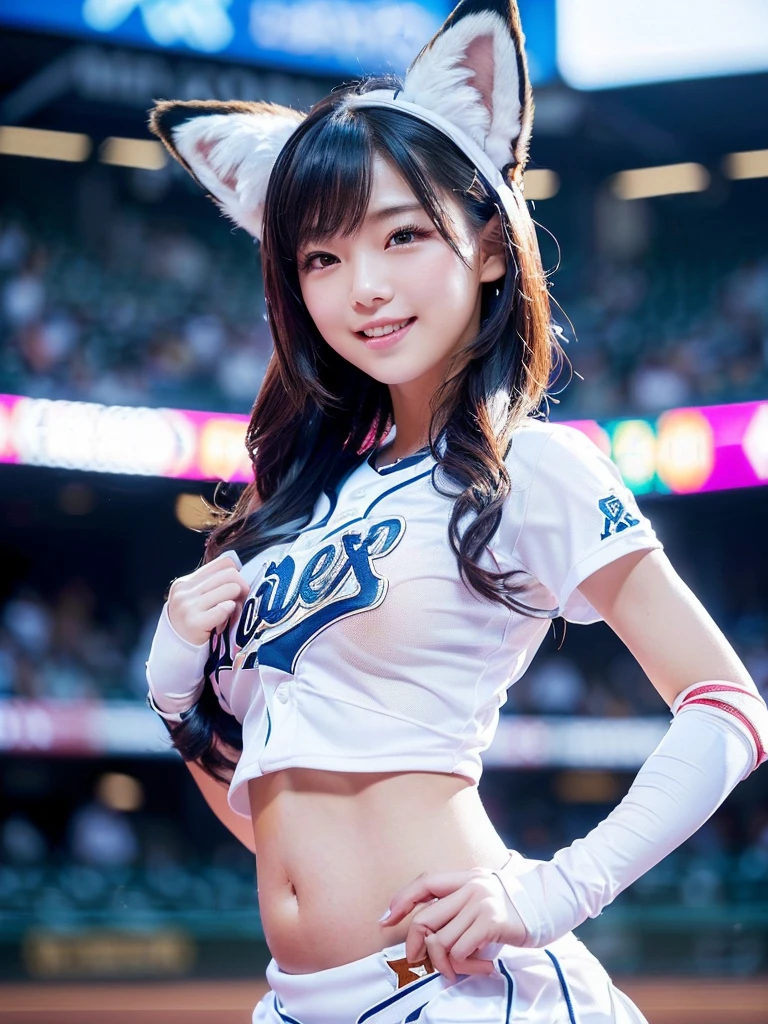 (4K, High Resolution, Masterpiece: 1.2, Best Quality), Cheerleader, 20 Year Old Lovely Japan Woman, Looking Ahead,Smaller Face, Double Eyelids, Detailed Hands, Detailed Fingers, Detailed Feet, Detailed Hips, Detailed Thighs, Middle Breasts, Middle Hip, So Smile, Head: 1.3, Sharp Focus, Night, Stadium, Artificial Light, Lighting, Dynamic angle, (very detailed face: 1.2): 0.2, woW sweat, side ponytail, rabbit ears, standing, ruffled mini skirt