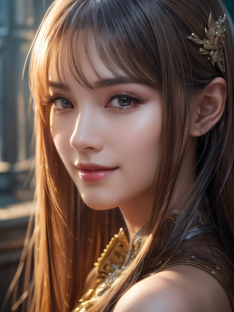 portrait of a beautiful 20 year old holy woman, wearing a thin multicolored silk dress, a beautiful face without blemish, without freckles and moles on her face, (((beautiful smile:1.4))), ((7 color long hair:1.2)), big crown, hair brooch, hanfu dress, chinese ancient style, full body jewelry, forehead tattoo: (very even and red lips, face full of details, face 1.8) the goddess' skin is smooth white, rosy, cinematic, light and dark, dramatic light, magical light, extremely detailed light, true color, super sharp, realistic, 8k quality, fantasy universe background, saint and magical space, the most detailed image,