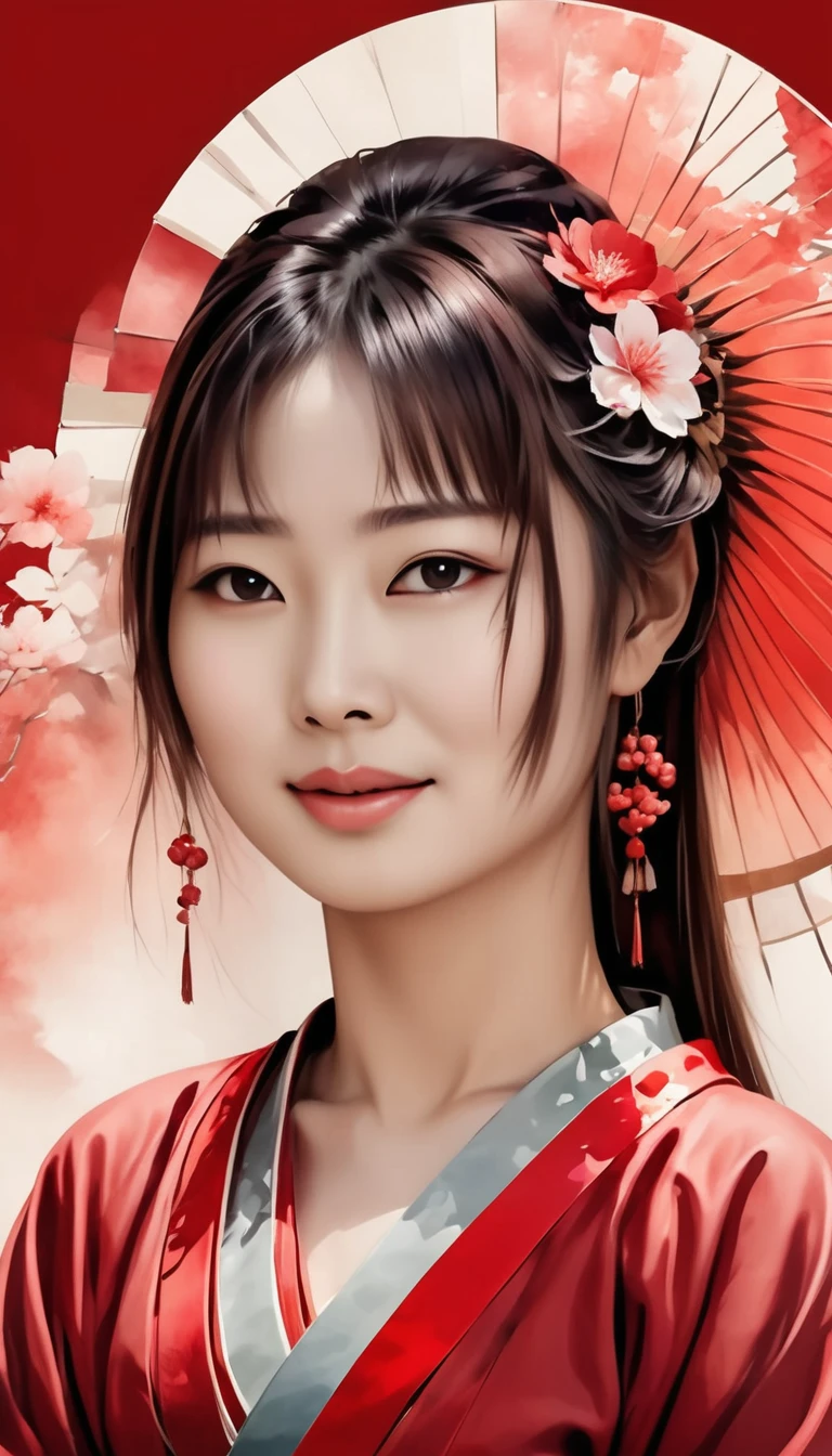 (Masterpiece, High Quality, 8K Resolution) Japanese woman's face painting, front view (sweet and gentle), wearing a flowing red silk dress, beautiful scenery, the old city scene is dilapidated, simple lines, romantic tones in a fantasy style (watercolor style, mixed with painting) (Surrealism), kodew