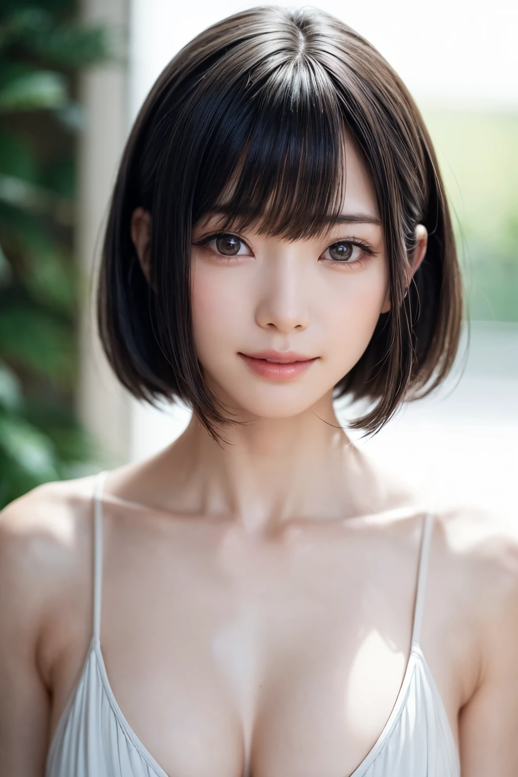 1 girl、highest quality、realistic、alone、Depth of written boundary、natural soft light、daytime、charm、beautiful face、cleanliness、pure face、white skin、cute、short hair、bangs、beach、Light of the sun、Nedium Breast Body Esbian、((セーター黄金比のbeautiful face 対称性のあるbeautiful face))、long neck、show me your ears、bangsのあるきれいな短いボブヘア、smile with your mouth closed、perfect hands指、perfect hands、perfect body、perfect face、Shine a light into your eyes、perfect anatomy:1.4、とてもcuteスーパーモデル:1.4、{Huge|big|Hugeな|mega} chest, cleavage、smile:1.6、Very beautiful teeth:1.6