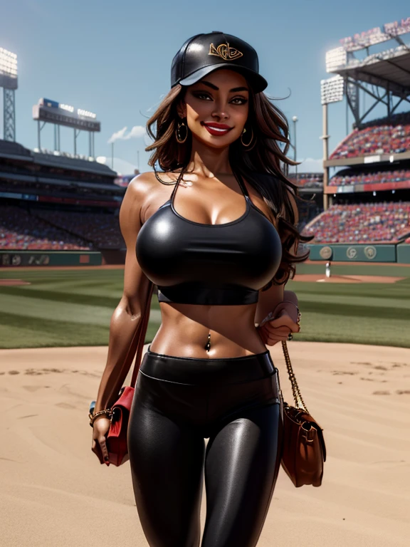 1girl, solo, wavy hair, amber-colored irises, tan-bronze skin, a mature and alluring woman in her mid-40s, she’s a Latino woman from Colombia, she's a baseball fan, red lipstick, mascara is applied to her face. (Carrying a handbag:1.3). (Wearing: Red baseball cap, skimpy red crop top, Golden belly button piercings, Gucci branded black leather leggings). There is an amused smile on her face, she’s standing. Background: outdoors, baseball stadium
