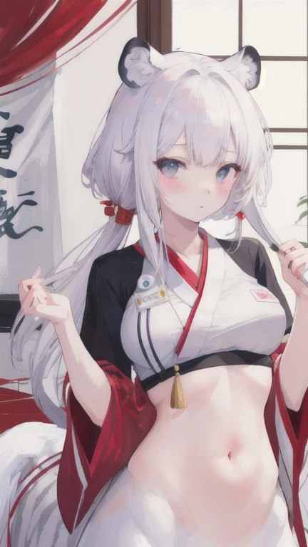 (best quality, masterpiece), 1 girl, centaur, It takes, White skin, Japanese  , kimono, exposing the abdomen,belly button t-shirt, 아름다운 소녀 Really perfect wolf photo, Really perfect wolf photo