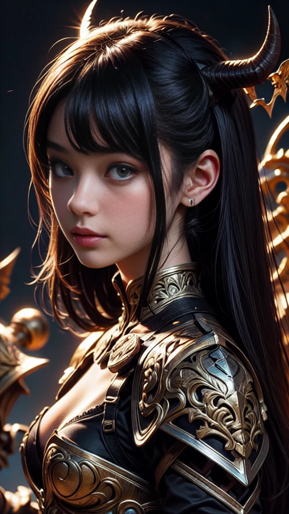 (8k, RAW photo, highest quality), hyperrealistic, intricate abstract, intricate artwork, abstract style, mesmerizing portrait of a woman with golden armor, delicate diamond patterns, armor from another world, insanely detailed features, reflecting lights, glimmering lights, dark elements, shiny, bioluminescence, non-representational, colors and shapes, expression of feelings, imaginative, highly detailed, extremely high-resolution details, photographic, realism pushed to extreme, fine texture, 4k, ultra-detailed, high quality, high contrast