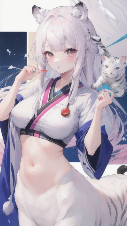 (best quality, masterpiece), 1 girl, centaur, It takes, White skin, Japanese female idol , exposing the abdomen,belly button t-shirt, 아름다운 소녀 perfect white tiger photo, perfect white tiger photo