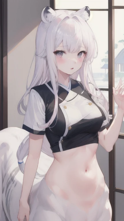 ((1 girl))、(smile:1.3)、Small breastsのヌード、（Cowboy Shot）、(fun!!)、、Black Shirt、blouse、(blush:1.4)、()、(Small breasts)、(long hair:1.3)、()、、(Long sleeve)、((White apron:1.5))、((Maid))、((hair ornaments)),、Kamimei、look at me、、(blush:1.4)、()、Chest roll-up clothing,Pulling on clothes，((Flat Chest:1.3))、((I can see your nipples:1.5))，(), No bra, (Black Skirt)，Look Down, ((in house:1.5))、Upper Body，Shirt Roll Up Shirt Sweater High Resolution，Look Down, Upper Body，Fair skin,classroom，Small breasts，Shaved pussy、Light blue eyes、