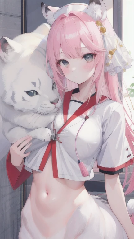 (best quality, masterpiece), 1 girl, centaur, It takes, White skin, Japanese ,((23 year old girl)), black pink,Smiling, exposing the abdomen, belly button t-shirt , 아름다운 소녀 perfect white tiger photo, perfect white tiger photo