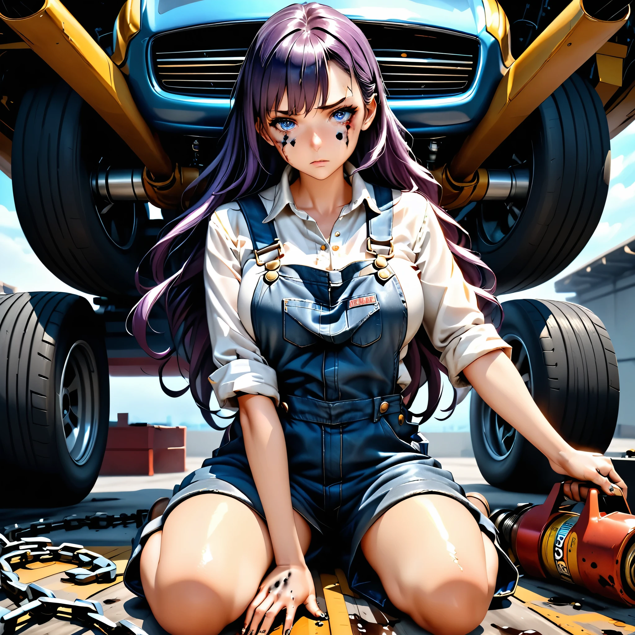 Masterpiece, 4k, HDR, full HD, (best quality), (ultra detailed), (only), (extremely delicate and beautiful fabric), super complex ANIME TYPE, best quality, 1girl, very expressive eyes, deep purple hair , hyper beautiful face, purple hair, perfect anatomy, shiny and oily skin, full body, alone (shiny purple hair, long hair), looking at viewer, bright blue eyes, perfect hands, perfect legs, She has a serious face of concentration, she wears the classic mechanic's outfit, she is wearing a black mechanic's overalls, she has motor oil stains on her face, she is trying to repair the engine of a car that is hanging from a very chain thick, many mechanic's tools and also engine parts are scattered on the floor, it is partially leaning over the engine, sHe has grease stains on her overalls, she has grease stains on her hands and face,