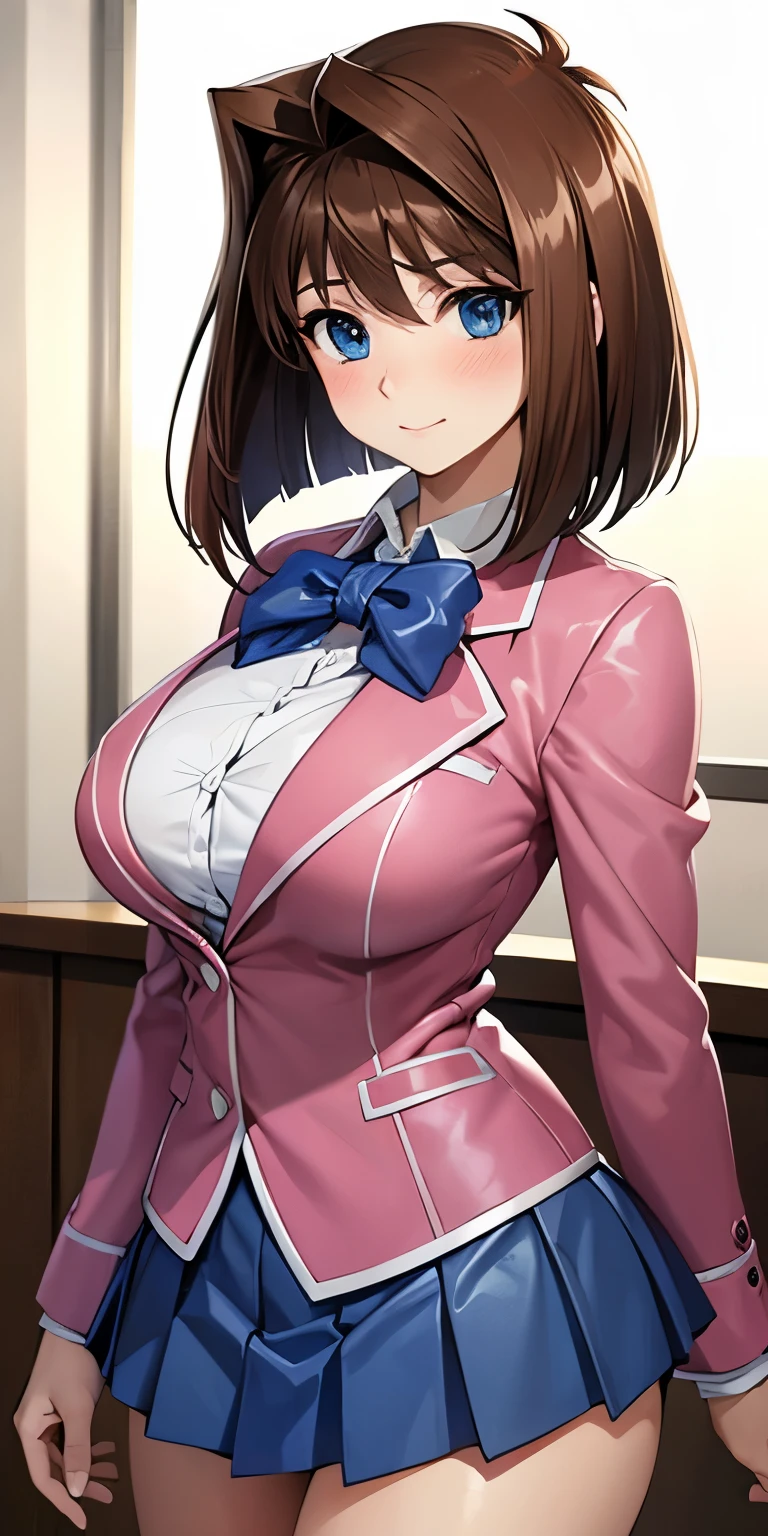 1 Female,High definition,high resolution,Ultra-realistic,8K, aamazaki, (antenna hair:1.2), blue eyes,blue bowtie, pink jacket, blazer, long sleeves, blue skirt, tight skirt, miniskirt,pleated skirt, large breasts,European,sexy,Upper body close-up,Photographed from the front,Dynamic Angles,(blush), (medium tits) 