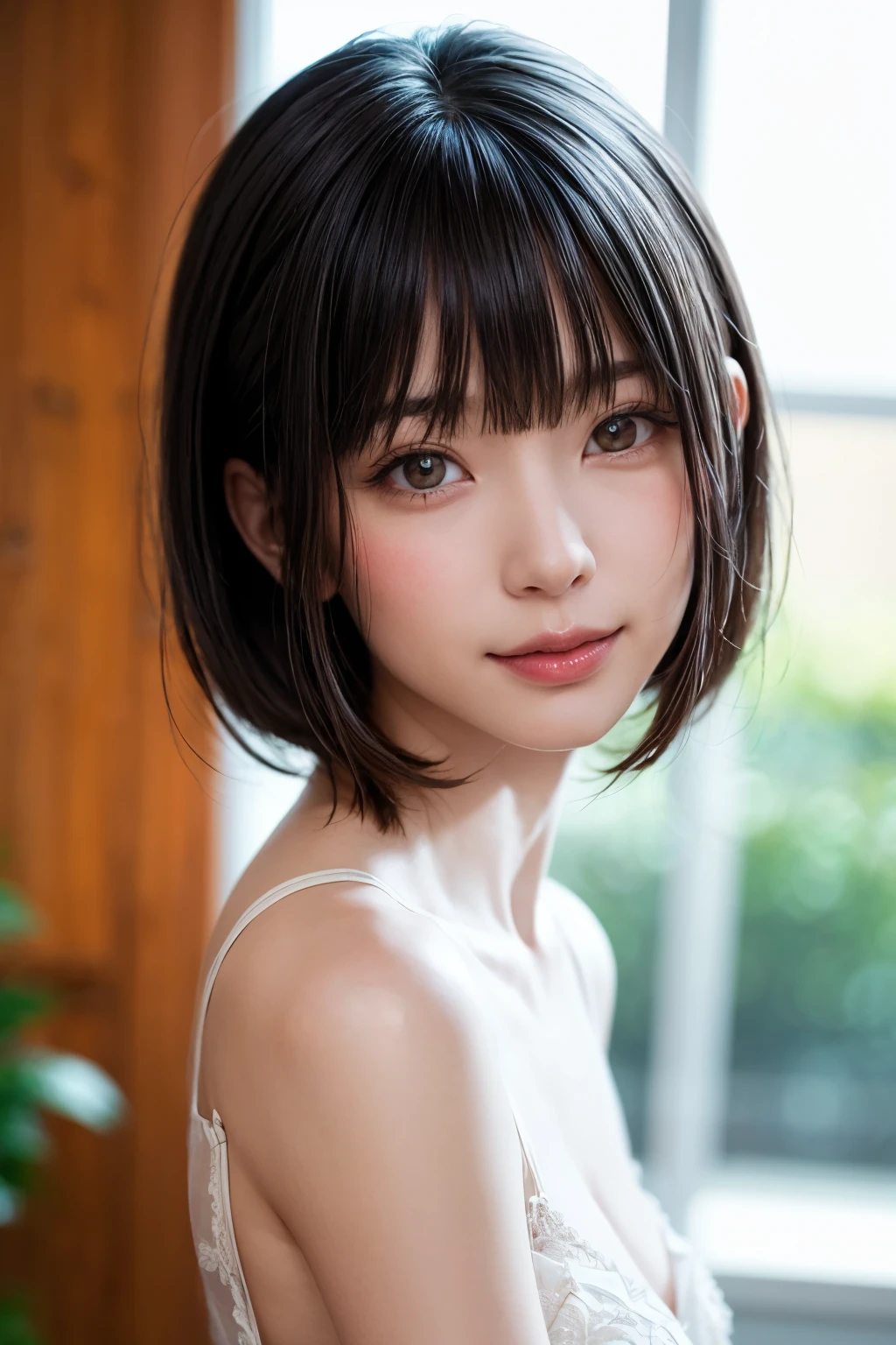 (masterpiece, Highest quality),One Girl, alone, Black-haired, scarf, Have, Realistic, Realistic, Looking at the audience, Light-coloured black eyes, Short brunette bob, Brown coat,, lips, prohibit, Plein Air, Upper Body、Big eyes、Beautiful view of sparkling snow lassi))、(((Short bob hair with bangs:1.4、Shiny Hair、prohibit:1.4、Big eyes、large full chest、Highlights the eyes、Gazing at the audience、Beautiful beauty、Listen carefully、Long neck、Laugh a little、smile、Ideal body type)))、{Huge|big|Hugeな|Mega} chest:2, chestの谷間:2
