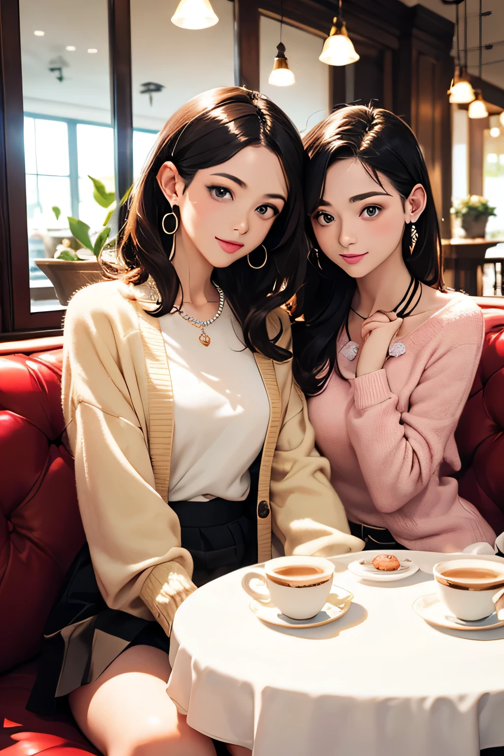 (absurd, highres, ultra detailed), 2girl, sitting at a table near the window where the shops outside are reflected, are in a coffee shop, drinking coffee from the same glass with two straws, lesbians, looking at each other.