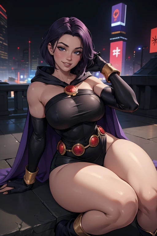 Raven 1girl, solo, long hair, looking at viewer, purple short hair, purple eyes, smile, , bangs, breasts, simple,  fang, bare shoulders, scar, bare shoulders, closed mouth, hair over one eye, portrait, hair over shoulder, legs, golden belt seductive, black leotarde, gloves, medium breasts full body boots belt , hood cape, cape bare legs gray skin forehead,  jewelry , highly detailed face, detailed eyes, ultra-quality, masterpiece, ultra detail, ultra high res, extreme detail, 8k, uhd, , curvy, thick thighs, frontal, full body, mágic, black aura, city background, 