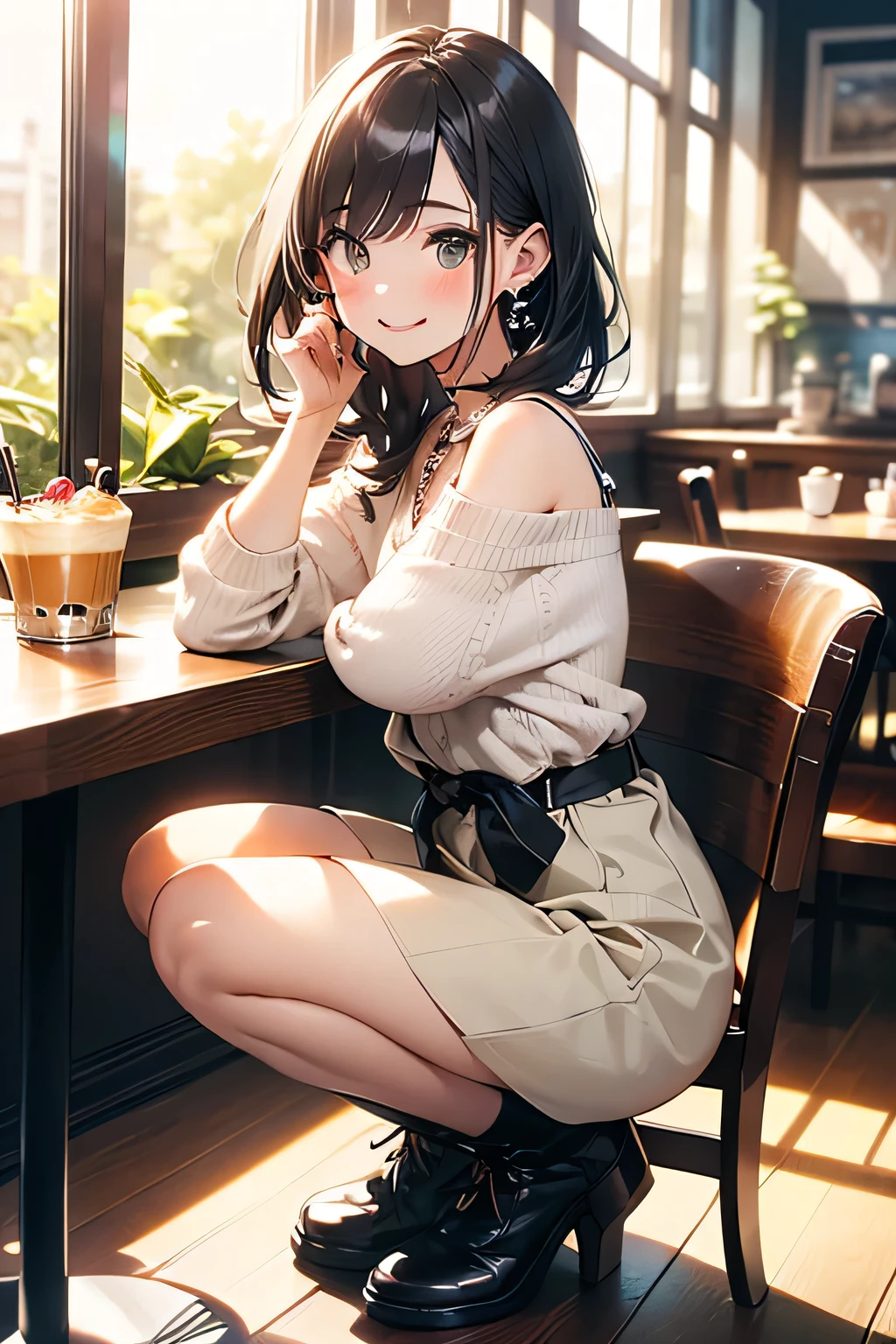 (((Masterpiece))),(((Super Detail))),(((in 8K))),(((best composition))),(((Rim lighting,Fireglow effect,deep shadow))),solo),Beautiful fingers,Detailed finger features,(Detailed hair features:1.7),(Dynamic and sexy bending pose:1.3),detailed facial features,detailed clothes features, (perky chest:1.1), (pointed chest:1.3), delicate beautiful face, Bright blue eyes, cute eyes, sparkling eyes, Big eyes, beautiful detailed eyes,double bun with glittering hair ornament:0.6,(super detailed glossy skin:1.3),slender body,goddess smile,((with sparkling eyes and a contagious smile)),beautiful posture,have a cup of coffee,black hair, red eyes, dress, bare shoulders, jewelry, collarbone, sidelocks, hairband, earrings, indoors, off shoulder, sweater, arms behind back, plant, short hair with long locks, white hairband, off-shoulder dress, sweater dress, off-shoulder sweater, red sweater, big side hair, very long side hair,(super delicate floral pattern:1.2),seductive cleavage:1.3,beautiful glossy legs,shiny red high heels,lifting dishes with cakesd,french restaurant,hustle and bustle,rising steam,(((depth of fields)))

