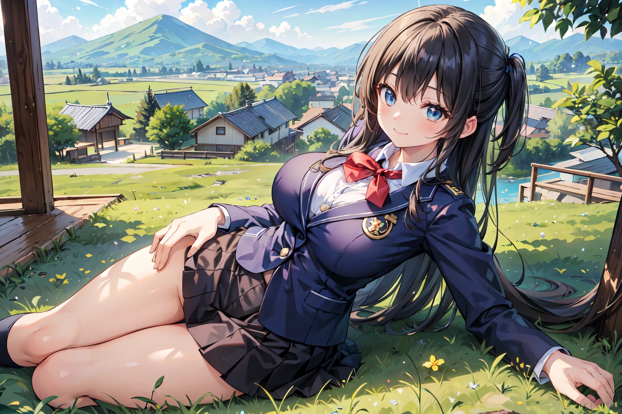 (((Masterpiece, 16k, Highest quality, Ultra-high resolution, Depth of subject))), ((Very detailed, Japanese countryside scenery)), (((High school girl in blazer uniform, 2 people, skirt, Big Breasts))), ((Beautiful girl in great detail)), (((Very accurate body structure, Very precise body movements))), ((Very cute smile)), On the way home, 3pm, A peaceful landscape with a view of the sea, Warm sunshine, Grass Park, chat, We love each other, Touching each other&#39;s breasts, Naughty feelings, The love is unstoppable, hug, Very accurate perspective