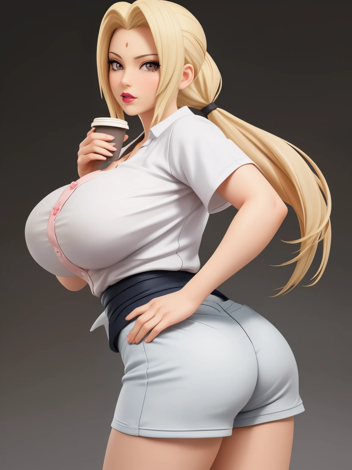 Tsunade Senju. Tsunade is already over 60 years old, but she is easily confused with a twenty-year-old girl. She has long, blonde hair tied in two ponytails. Her eyes have a pleasant coffee shade. Her lips are painted with pink lipstick. The character is short-tempered and impatient. Huge saggy breasts. bbw. shorts. shirts. ass