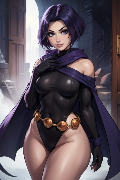 Raven 1girl, solo, long hair, looking at viewer, purple short hair, purple eyes, smile, , bangs, breasts, simple,  fang, bare shoulders, scar, bare shoulders, closed mouth, hair over one eye, portrait, hair over shoulder, legs, golden belt seductive, black leotarde, gloves, medium breasts full body boots belt ,purple  hood cape, cape bare legs gray skin forehead,  jewelry , highly detailed face, detailed eyes, ultra-quality, masterpiece, ultra detail, ultra high res, extreme detail, 8k, uhd, , curvy, thick thighs, frontal, full body, mágic, black aura, city background, 