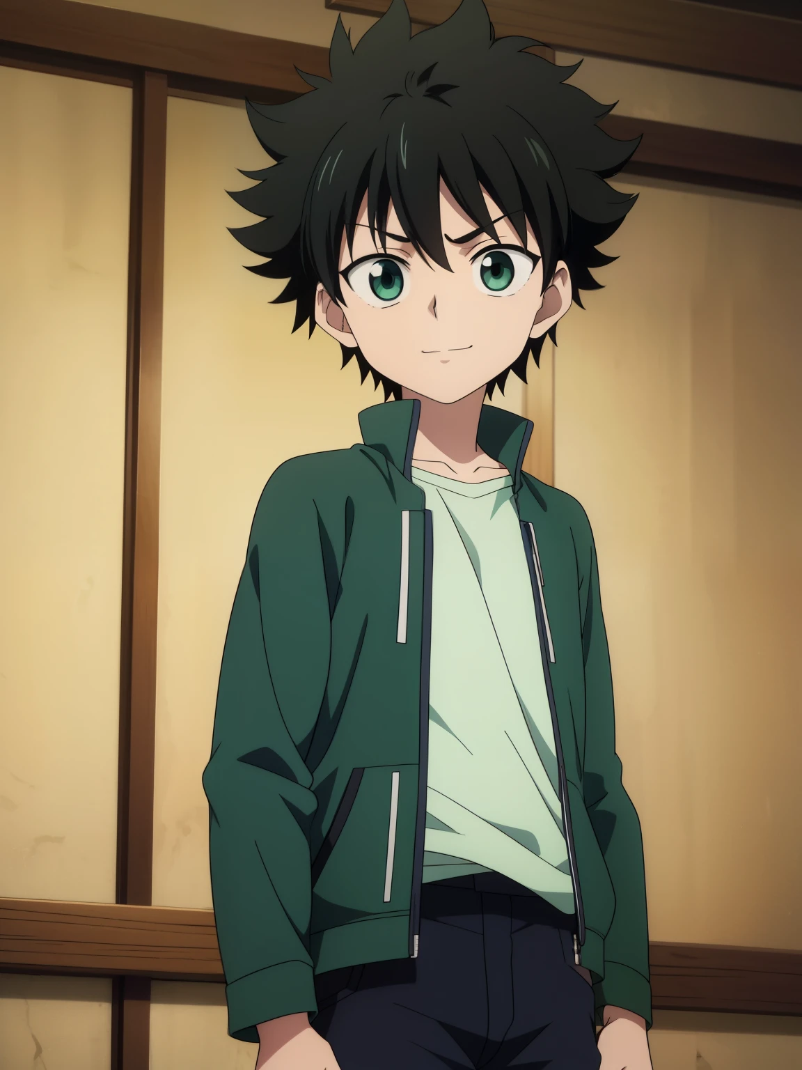 (high-quality, breathtaking),(expressive eyes, perfect face) 1boy, male, solo, Hunter x Hunter, Symmetrical Eyes, simple background, gentle smile, short hair, fluffy hair, killua, KilluaZoldyck, cowboy shot, medium full shot, dark black hair, green eyes, open denim jacket, green shirt, short height, kid age
