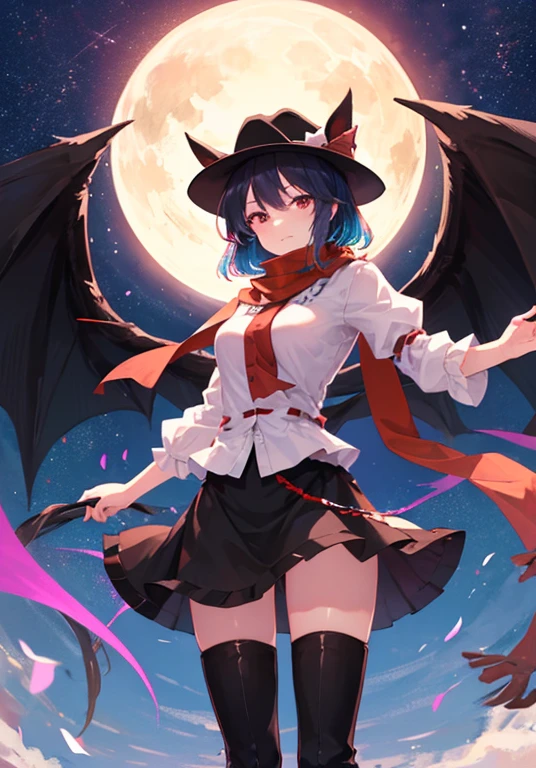 zinnia \(pokemon\) , black eyes, grey shorts, black shirt, sleeveless, cape , serious expression ,on top of a tower , city , nightsky , guard rail ,moon, best quality, (extremely detailed:1.4) ,illustration, mysterious, vivid_color, shiny,, Dynamic actions , Lens perspective , volumetric lighting , detailed eyes, hyper detailed , beautiful, small details, ultra detailed, intricate, 4k, 8k, good anatomy, beautiful lighting