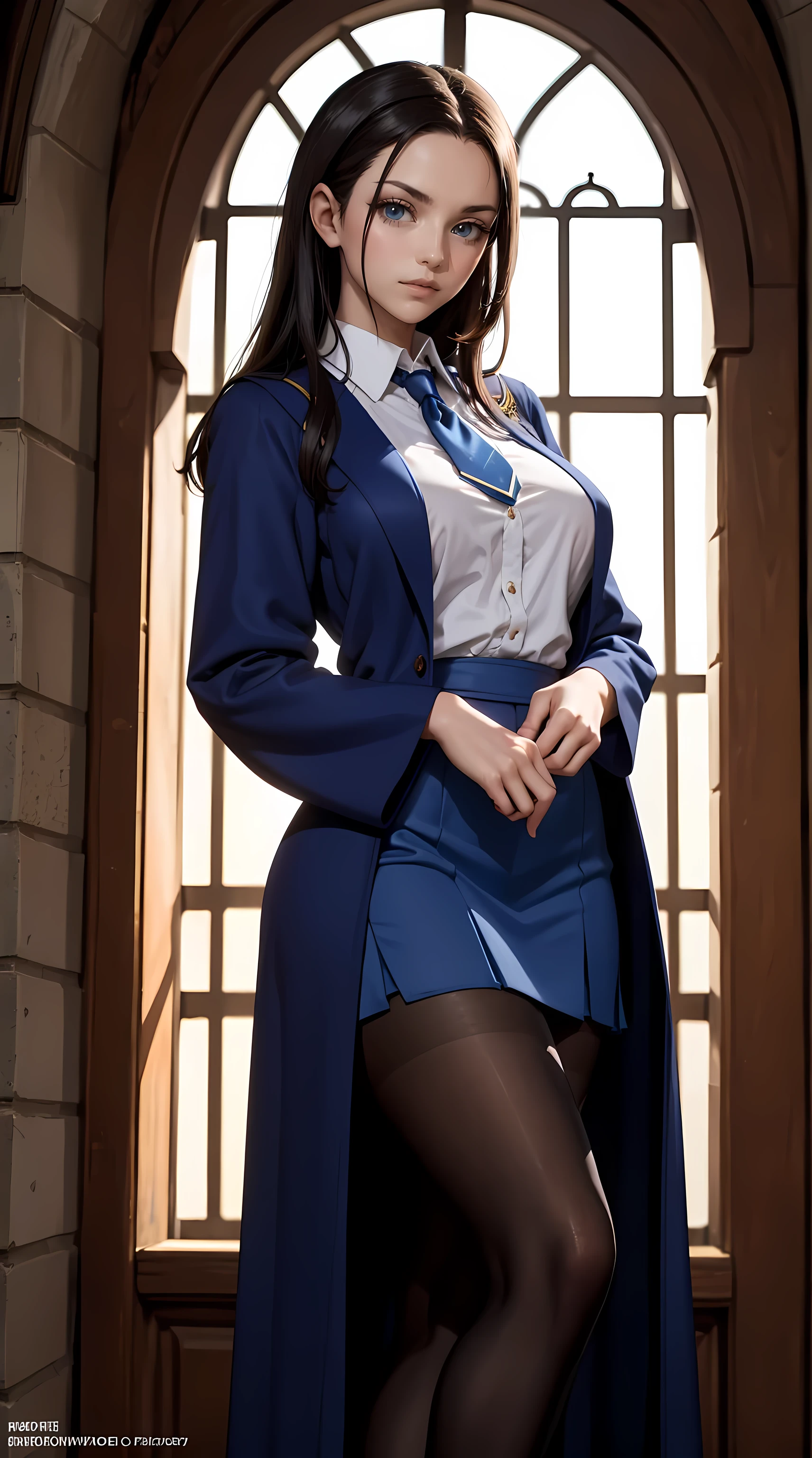 Beautiful brunette hair woman is shown to have a sexy figure, She is wearing Hogwarts blue witch robes, blue robes, jewelry, British blue school uniforms under robes, school vest and tie, school skirt, pantyhose, she has blue eyes,Girl is standing in front of castle , sexy session, posing, cowboy shot, superior quality, many details, realistic