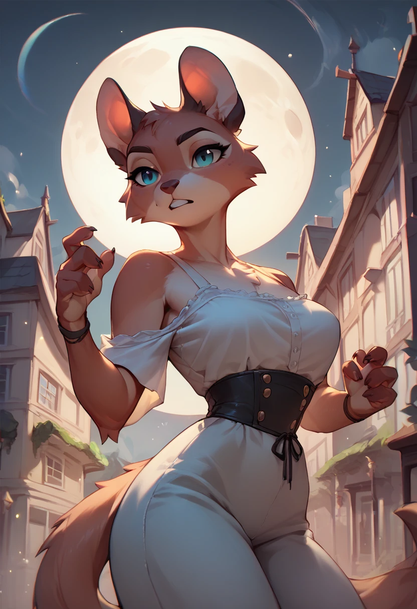 masterpiece, Alone, 1girl, furry, FE, wearing a blouse, with medium long straight hair, and eyelids made up in black,.. pose: stop, looking around, medium moon, buildings, houses, low night background lighting.