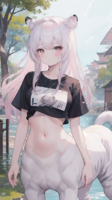 (best quality, masterpiece), 1 girl, centaur, It takes, White skin, Korean ,daughter, black pink,Smiling, exposing the abdomen, belly button t-shirt , 아름다운 소녀 perfect white tiger photo, perfect white tiger photo