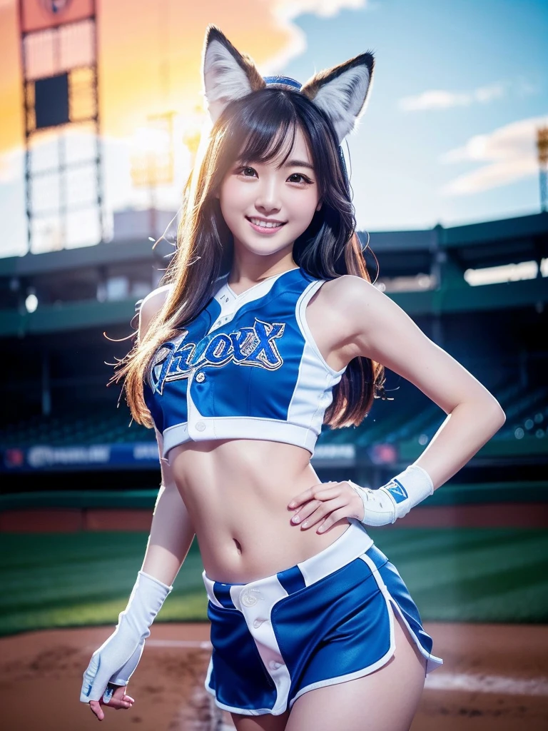 (8k, masterpiece, best quality, high definition, photorealistic), (1girl), inside the stadium, wearing blue cheerleading costume, (body wet with sweat, face wet with sweat: 1.3): 0.2, medium breasts, beautiful thighs, ruffled mini skirt, knee-high boots, super cute Japan woman, very detailed face, double eyelids, makeup, lip gloss, Ultra-detailed drawn body, ultra-dense arms, ultra-dense hands, ultra-dense legs, face focused, standing, small face, full body from a little distance, sharp focus, looking forward, bright lighting on face, wearing garter belt, rabbit ear headband, toned hips, dancing, looking at the camera