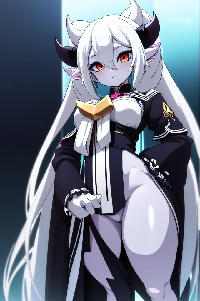 No panties, No clothes, Woman with open legs, White hair, a purple eye,is shy,exposing her chest,long whitr hair,The body is covered with white slime