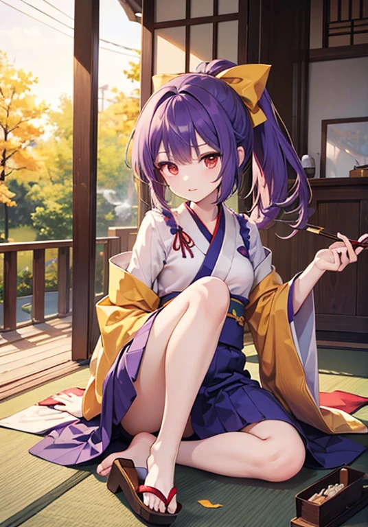 best quality, masterpiece, (from above:1.3), squatting, spread legs, (peeing:1.3), hidden, 1girl, yuzuriha_(jigokuraku), purple hair, brown eyes, ninja, open clothes, cleavage, small breasts, topknot, medium hair, white obi, (looking back:1.1), outdoors, forest, (blush:1.2), (wavy mouth:1.4), (wide eyed:1.2), open mouth, purple boots, (reaching out:1.2), bush, (embarrassed:1.3), , hidden