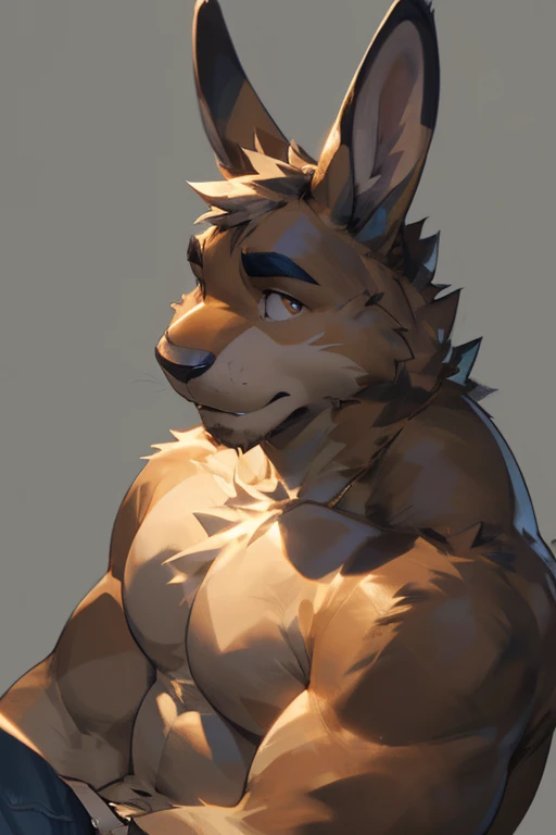 Solo, male, Light brown hare, in one color tone, with long ears, hare, green hair, shirtless, chest, big chest view, ((focus body, furry focus, shades focus, body shades)) (((gray background, gray wallpaper, one color))), by darkgem, by mystikfox61, by glitter trap boy