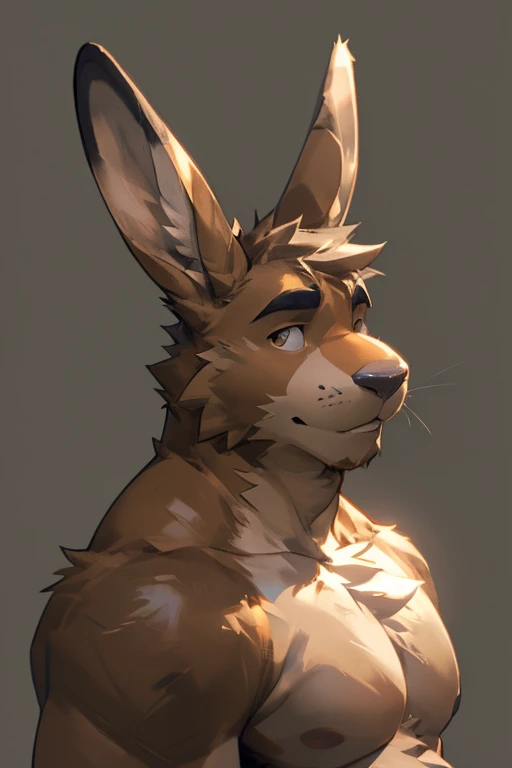 Light brown hare, in one color tone, with long ears, shirtless six pack abs, male, side view, profile, short tail, hare tail (((gray background, gray wallpaper, one color))), by darkgem, by mystikfox61, by glitter trap boy