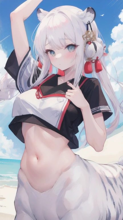 A girl，cat ear，whaite hair，Single horsetail，Fork the legs，Be red in the face，Leakage from the buttocks，Bigchest，red color eyes，back，back to look back，Half wearing white triangle lace briefs，Wear a white bra，There are grooves under the thighs，Leaking back water，There is love in the eyes