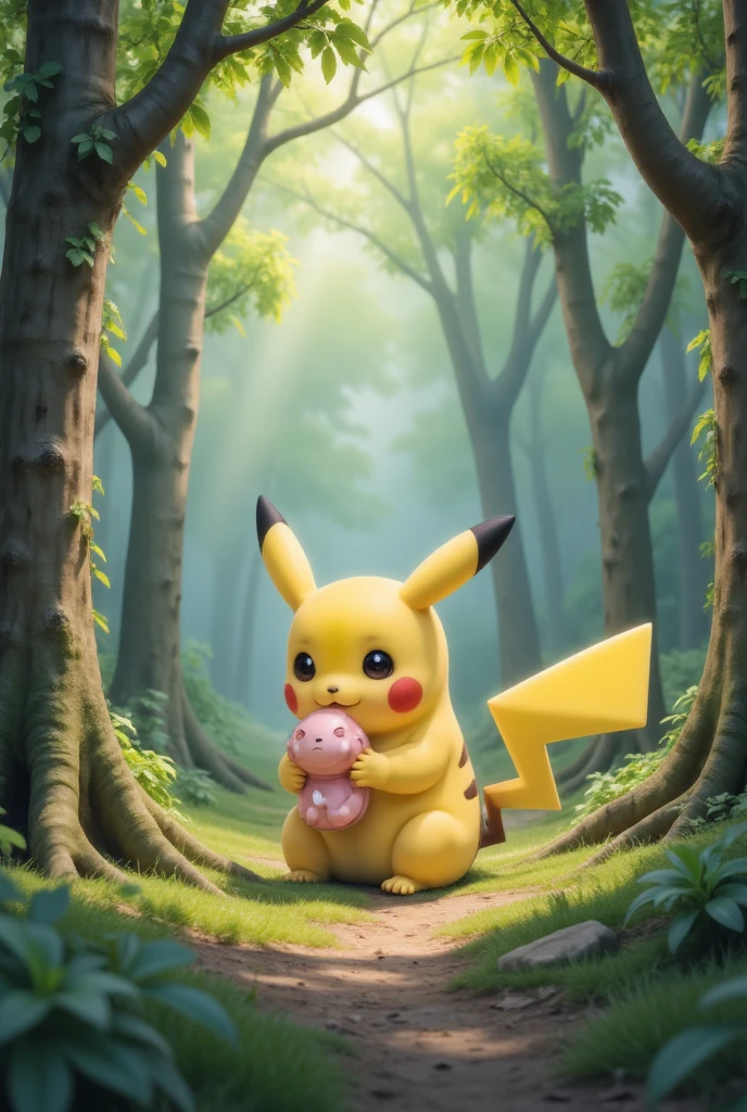 Pokémon sitting in the woods，Holding a Pokémon toy in hand, Pikachu in the forest, Illustration Wizard, a Pikachu in the forest, Elf art style, anime lush john 8k woods, Pokemon Trainer, Wild Pokémon, Elf anime style, Ash, High-quality fan works, Official Art, Detailed fan art, Available for Pokémon Red and Pokémon Blue, Anime pictures, high detailed Official Artwork
