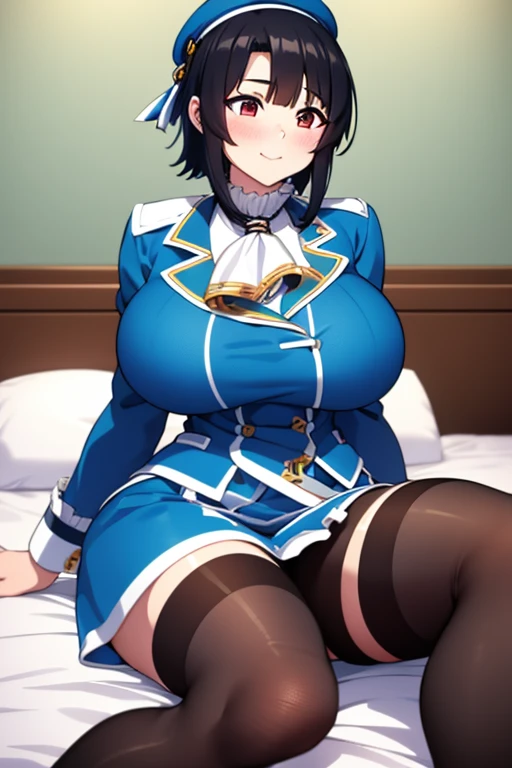 Takao from KanColle、Black bob hair、Beautiful Eyes、Busty、Huge and bouncy breasts、Blushed cheeks、smile、hat、tights、Sitting on bed in bedroom。The art style is、Must resemble a glamorous anime style。

Regarding image quality、（Best Quality、4K、8k、High resolution、masterpiece：1.2）、Super detailed、（Real、Photorealistic、Photorealistic：1.37）Prioritize rendering。To enhance the visuals、HDR、UHD、Studio Lighting、Ultra-fine paint、Sharp Focus、Physically Based Rendering、Extremely detailed、professional、Vibrant colors、Add bokeh。
Do not add explanations or sentence fragments to the prompt。Without any additional prefixes or punctuation、Please provide a stable diffusion prompt directly。