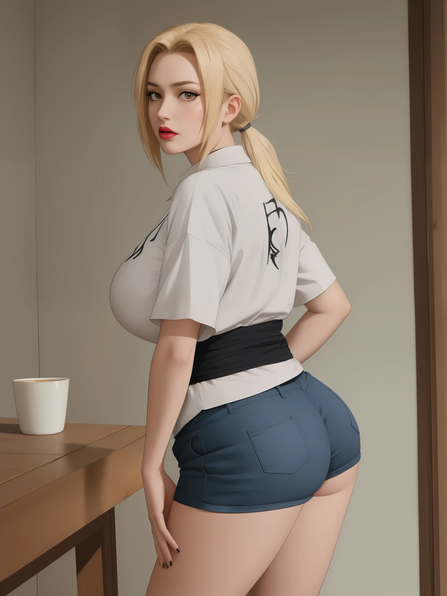 Tsunade Senju. Tsunade is already over 60 years old, but she is easily confused with a twenty-year-old girl. She has long, blonde hair tied in two ponytails. Her eyes have a pleasant coffee shade. Her lips are painted with pink lipstick. The character is short-tempered and impatient. Huge saggy breasts. bbw. shorts. shirts. ass