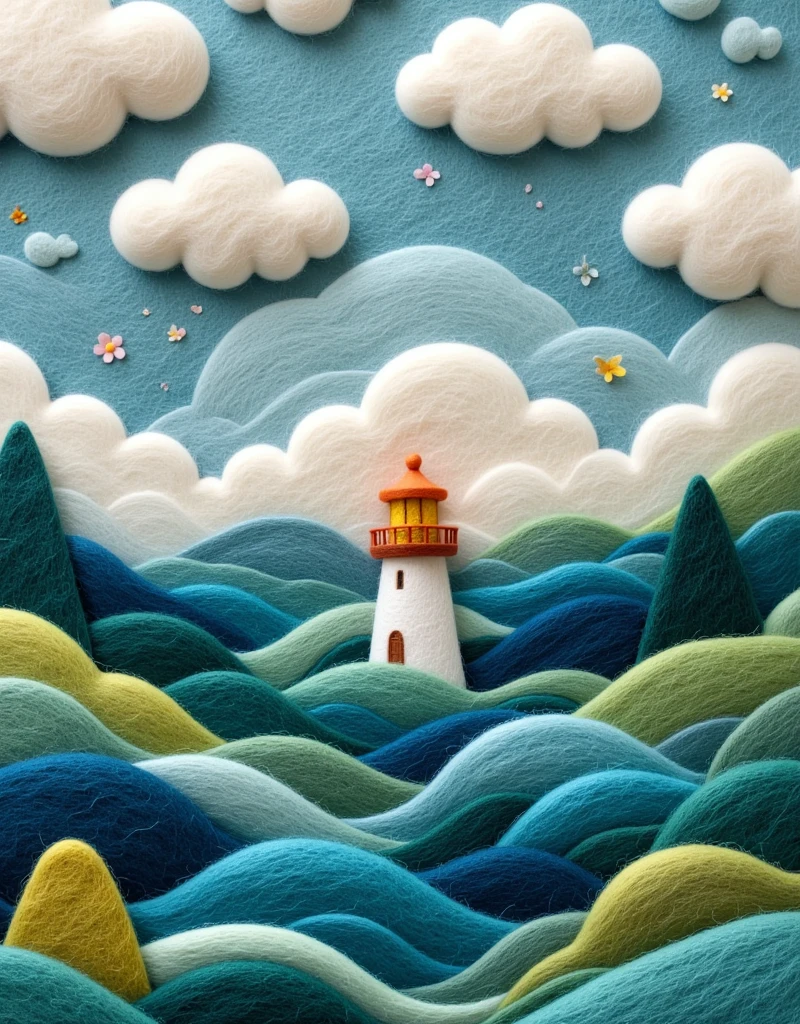 Felt Art：A beautiful felt painting，lighthouse，Waves，