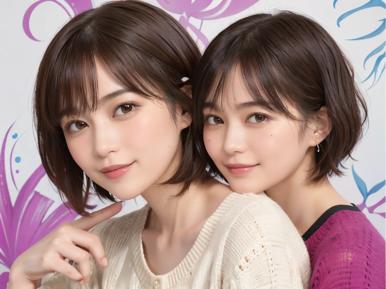 (extra detailed body、highly detailed face、best quality:1.2)、identical twin sisters、looking at the viewer、(psychedelic、marbling、laughter)、(background lemon color:1.4)