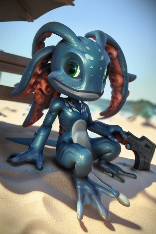 (((masterpiece, best quality))), (3d \(\):1.1), (unreal engine:1.1), 8k, (intricate:0.8), (high detail:1.1), depth of field, complex background, Effervescent BREAK_LOL, full body, (tentacle_Hair:1.1), gills, webbed feet, webbed fingers, he first shepherds, sitting, beach, with a firearm 