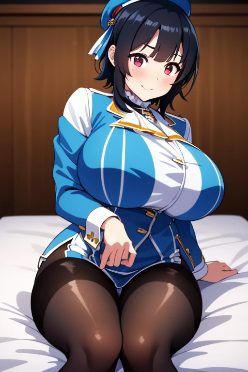 Takao from KanColle、Black bob hair、Beautiful Eyes、Busty、Huge and bouncy breasts、Blushed cheeks、smile、hat、tights、Sitting on bed in bedroom。The art style is、Must resemble a glamorous anime style。

Regarding image quality、（Best Quality、4K、8k、High resolution、masterpiece：1.2）、Super detailed、（Real、Photorealistic、Photorealistic：1.37）Prioritize rendering。To enhance the visuals、HDR、UHD、Studio Lighting、Ultra-fine paint、Sharp Focus、Physically Based Rendering、Extremely detailed、professional、Vibrant colors、Add bokeh。
Do not add explanations or sentence fragments to the prompt。Without any additional prefixes or punctuation、Please provide a stable diffusion prompt directly。