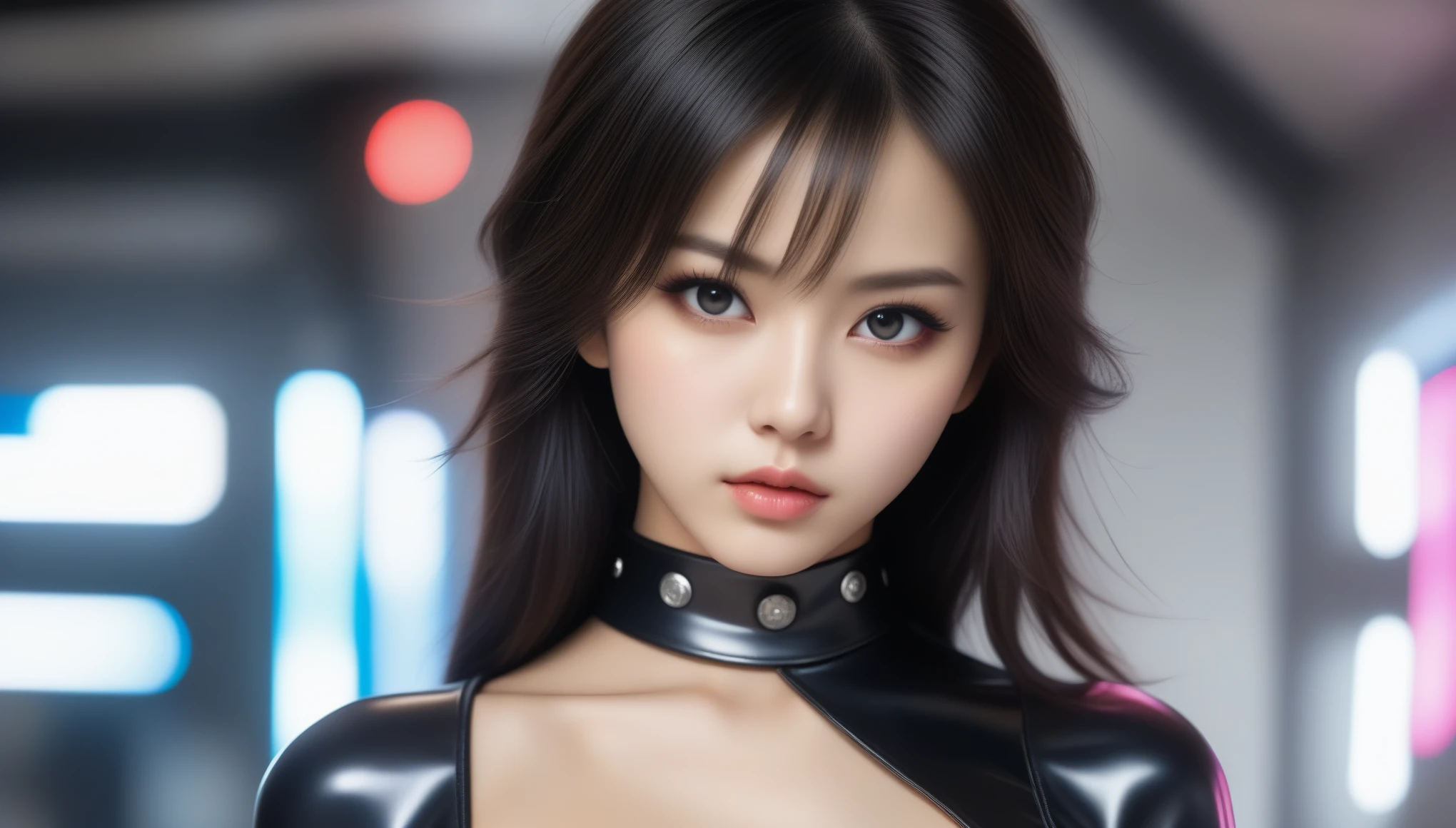 (8K, RAW photo, Photorealistic:1.25) ,( Gloss on lips, eyeslashes, gloss face, Glossy glossy skin, Best quality, 超高分辨率, Depth of field, color difference, Caustics, Broad lighting, naturalshadow, Kpop idol) Watch the audience with serenity，Cat Ear Girl Girl，Wearing black nano armor