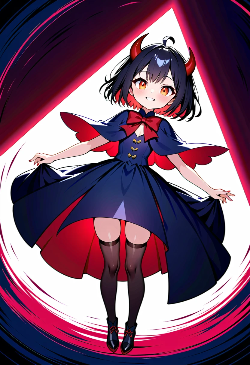 One cute devil girl,(Best Quality,Extremely detailed depiction,Incredible high resolution,Anatomically accurate,High quality anime drawings),(Little devil girl,Cute black clothes,Elegant appearance,Wearing a capelet,stockings,Black boots),(Black Hair,Short Hair,Deep orange eyes,Big Eyes,Round eyes,Wicked Smile:1.3,Devil horns,eyelash,Pale, porcelain-like skin,Red nails),Full body image:1.2,background:In the withered forest,Floating in the sky:1.3