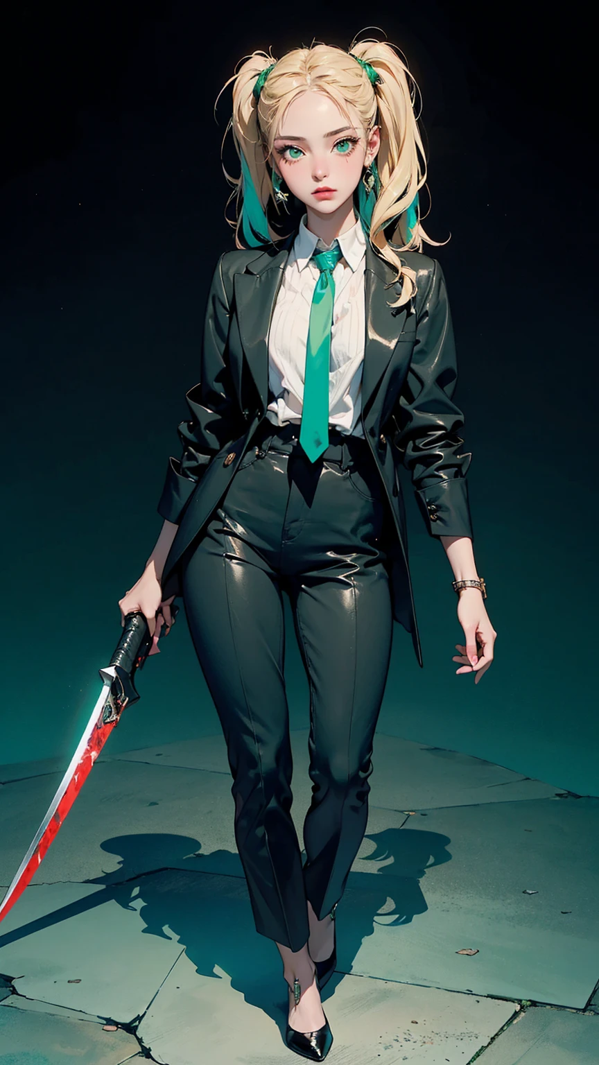 ((A young girl is wearing a black suit)). ((A red tie)). ((Earrings)). ((Accessories)). ((Her familiar is five cute, anime-style foxes)). Full-body. Standing. ((Holding a large weapon)). Fighting. Combat pose. Fighting alongside her familiars. She is a realistic young woman with glossy, long blonde hair tied into twin tails, with bangs falling over her forehead. Her ((highly detailed glowing emerald green eyes)) shine coldly and sharply, giving her a cool and smart vibe. Her youthful appearance is characterized by thin eyebrows and thin lips. ((A decayed city)). Blood. ((Colorful)). ((Cyberpunk)). ((Dark horror)). ((Death game)). ((Top quality)). ((Ultra-detailed)).