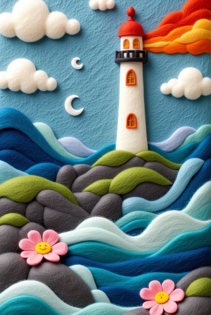 Felt Art：A beautiful felt painting，lighthouse，Waves，Very creative