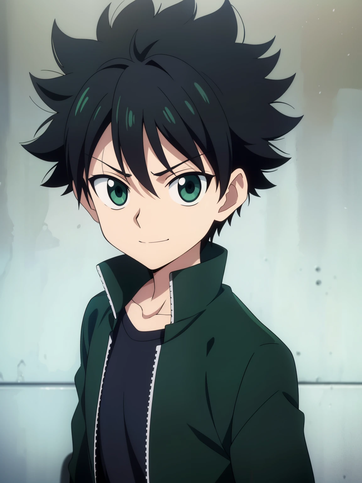 (high-quality, breathtaking),(expressive eyes, perfect face) 1boy, male, solo, Hunter x Hunter, Symmetrical Eyes, simple background, calm smile, short hair, fluffy hair, killua, KilluaZoldyck, cowboy shot, medium full shot, dark black hair, green eyes, open black denim jacket, green tank top, short height, kid age, neutral expression, 