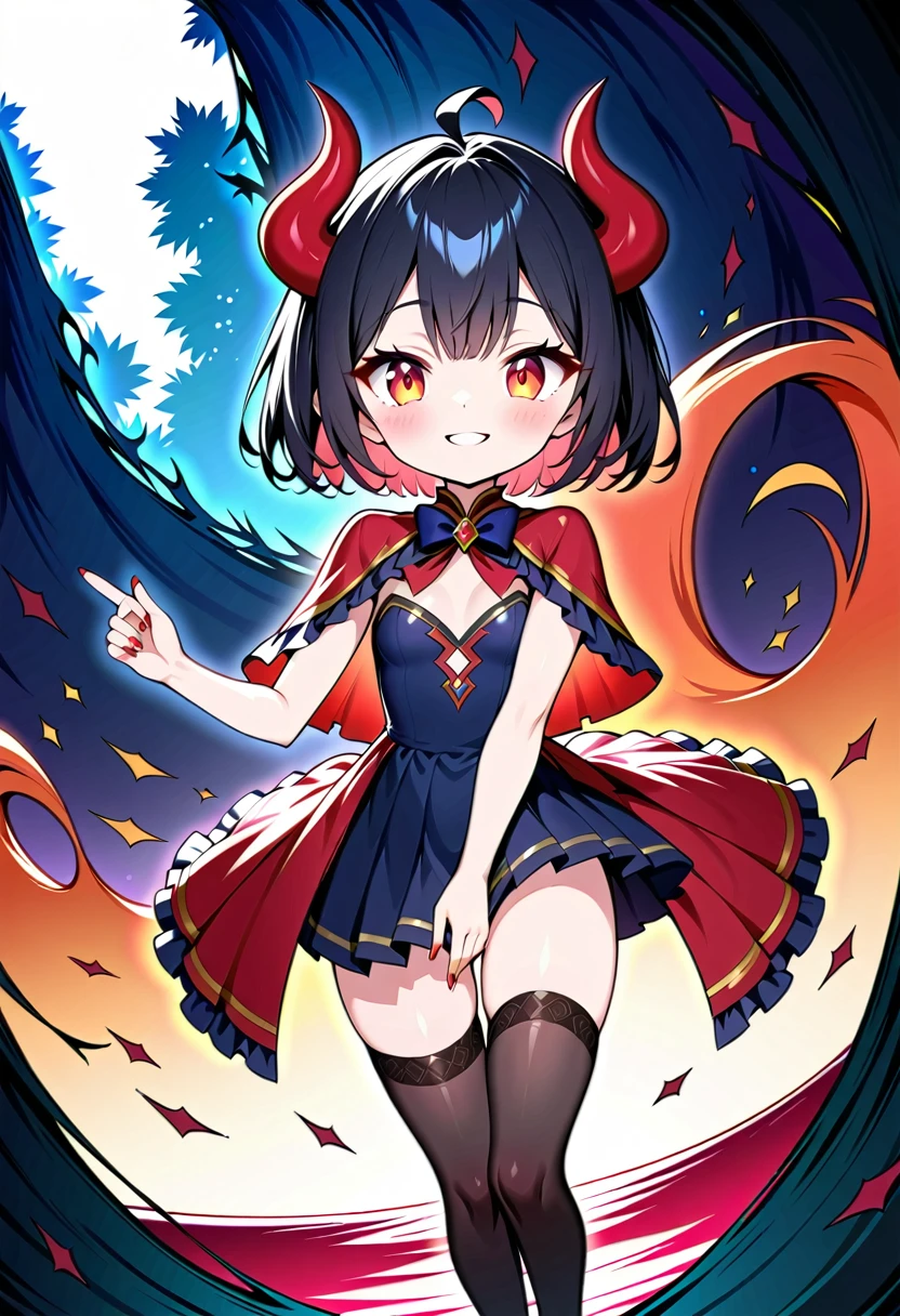 One cute devil girl,(Best Quality,Extremely detailed depiction,Incredible high resolution,Anatomically accurate,High quality anime drawings),(Little devil girl,Cute black clothes,Elegant appearance,Wearing a capelet,stockings,Black boots),(Black Hair,Short Hair,Deep orange eyes,Big Eyes,Round eyes,Wicked Smile:1.3,Devil horns,eyelash,Pale skin,Red nails),Full body image:1.2,background:In the withered forest:1.3,Floating in the sky:1.3