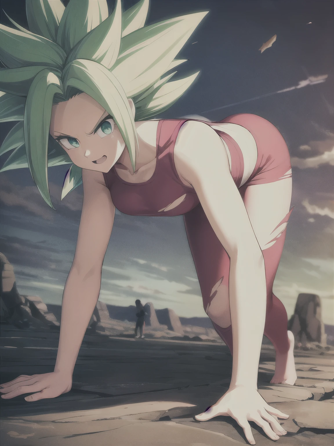 xyzkefla, super_saiyajin, green_Hair, green_eyes, 1 , nailed_Hair, Energy, torn_clothes, joy, aura, leggings, red clothes, dramatic, position on all fours, cliff, looking at the viewer, ((perfect hand)), flying
