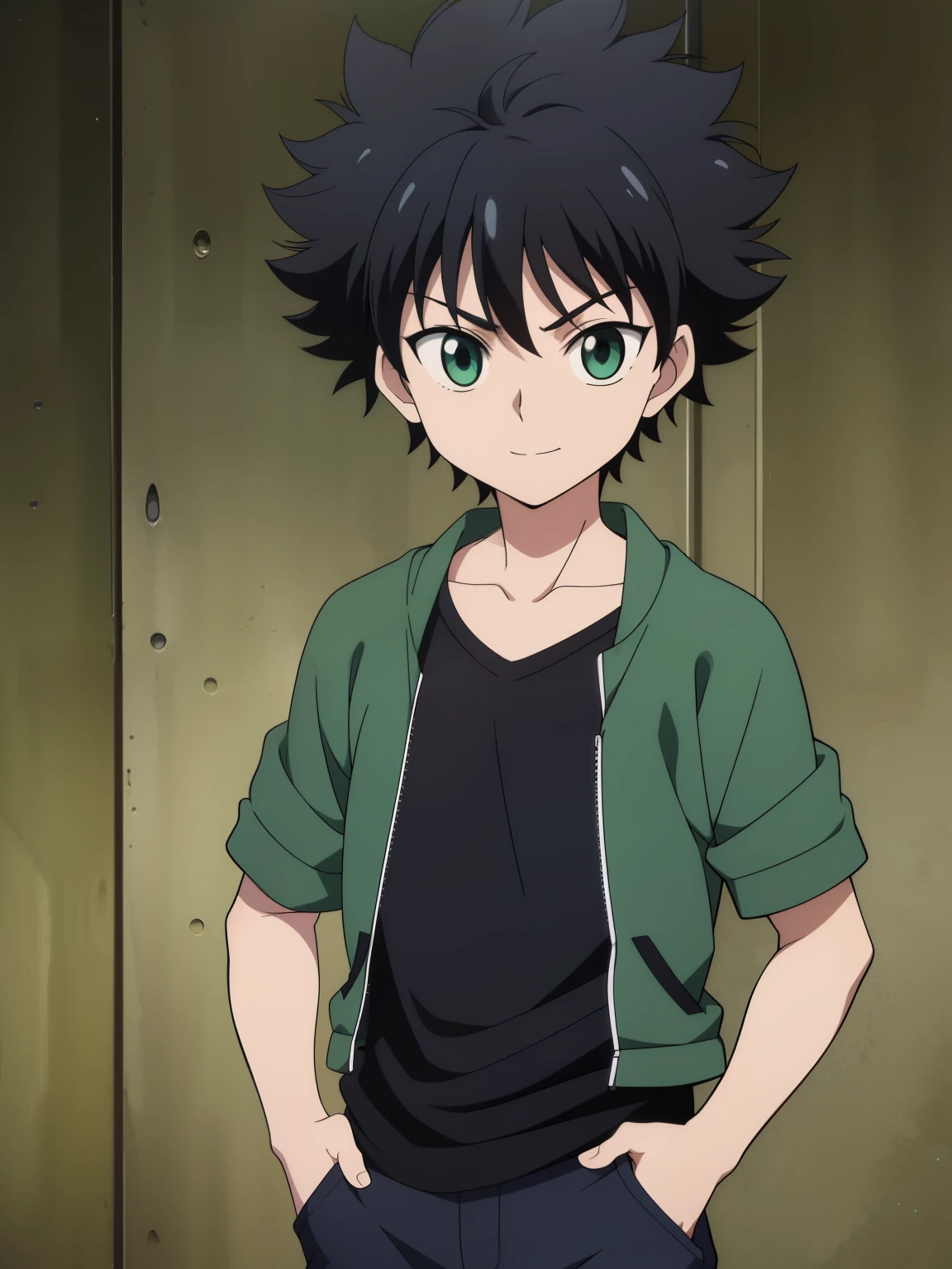 (high-quality, breathtaking),(expressive eyes, perfect face) 1boy, male, solo, Hunter x Hunter, Symmetrical Eyes, simple background, calm smile, short hair, fluffy hair, killua, KilluaZoldyck, cowboy shot, medium full shot, dark black hair, green eyes, black denim jacket, open jacket, green tank top, short height, , neutral expression,
