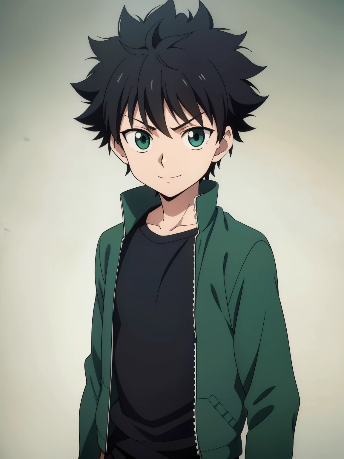 (high-quality, breathtaking),(expressive eyes, perfect face) 1boy, male, solo, Hunter x Hunter, Symmetrical Eyes, simple background, calm smile, short hair, fluffy hair, killua, KilluaZoldyck, cowboy shot, medium full shot, dark black hair, green eyes, denim jacket, open jacket, green tank top, short height, kid age, neutral expression,
